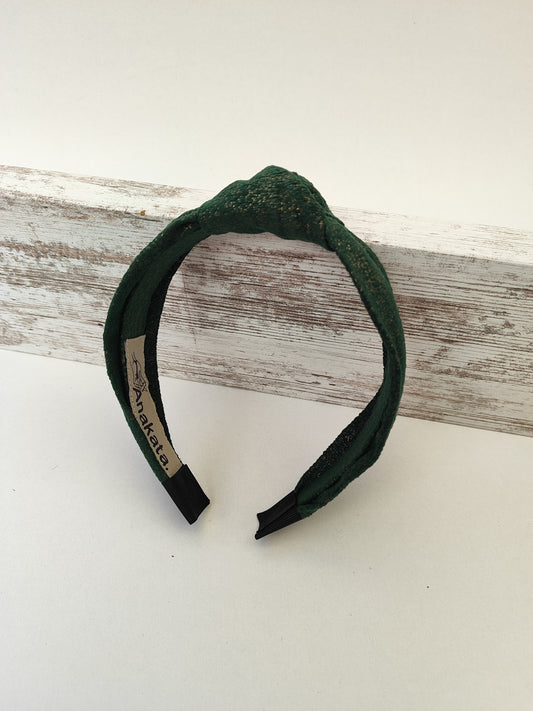 Χειροποίητη στέκα μαλλιών - πράσινο βελουτέ με χρυσό.