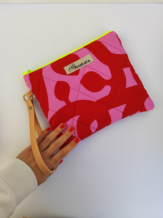 Καπιτονέ τσαντάκι με φερμουάρ ''ροζ - κόκκινο'' και φλούο λαχανί φερμουάρ.