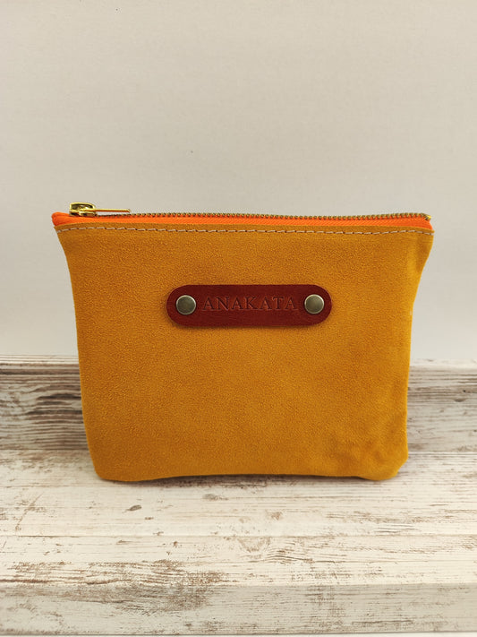 Δερμάτινο zipper pouch - μουσταρδί καστόρι με πορτοκαλί φερμουάρ.